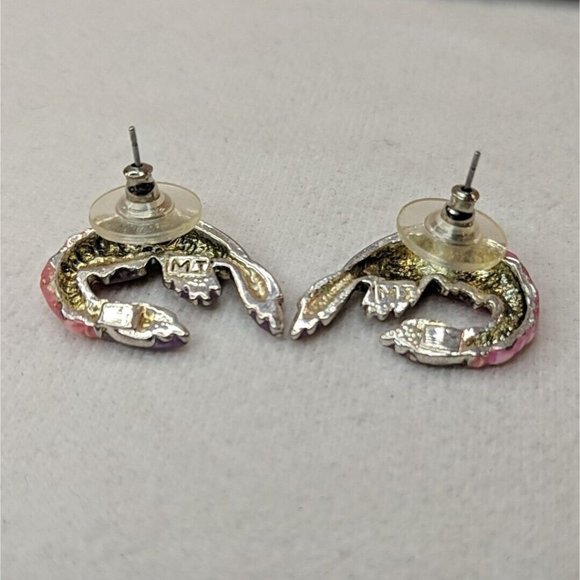 MJ Signed RARE VINTAGE Pink Shrimp Earrings Enamel Studs Purple EXCELLENT COND! - Picture 7 of 9